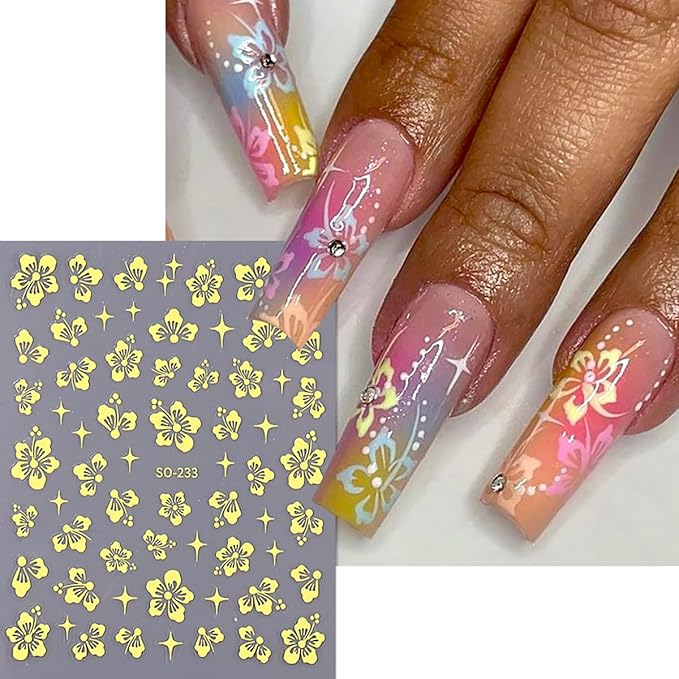 6Sheets Flower Nail Stickers for Nail Art, Hibiscus Flowers Nail Decals White Pink Gold Flower Star Pattern Flowers Nail Design 3D Self-Adhesive Hibiscus Nail Art Stickers Manicure Tips for Women