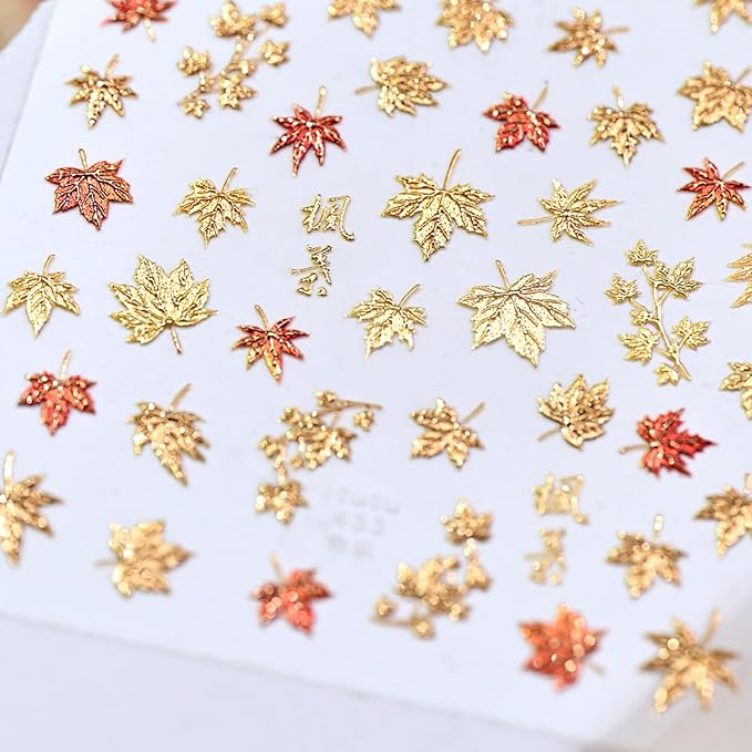 1 Sheets Thanksgiving Nail Stickers for Nails Art Autumn Maple Leaf Nail Decals 5D Self-Adhesive Red Gold Embossed Maple Leaves Nail Decoration Shiny Fall Nail Art Stickers for Women Nail Designs