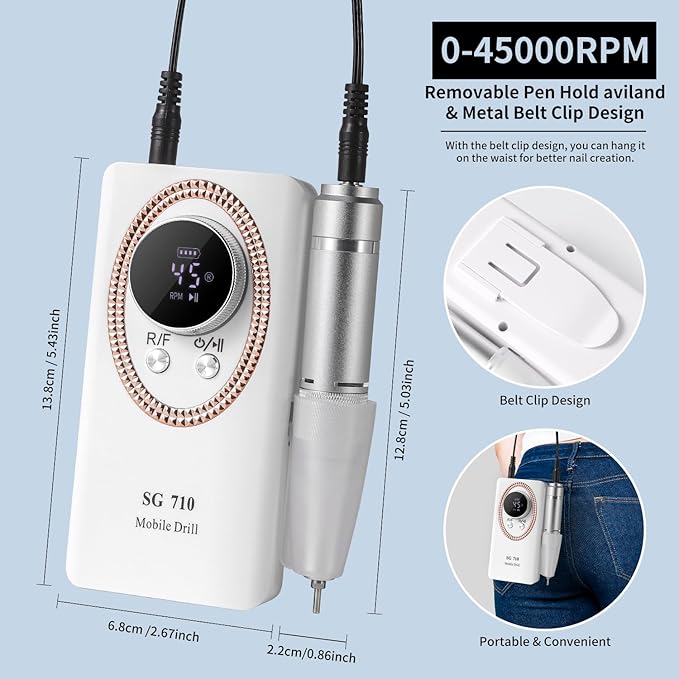 Electric Nail File for Acrylic Nail Kit, 45000RPM Electric Nail Drill Professional Manicure Pedicure Set with Nail Drill Kit Bits, Efile Cordless for Manicure