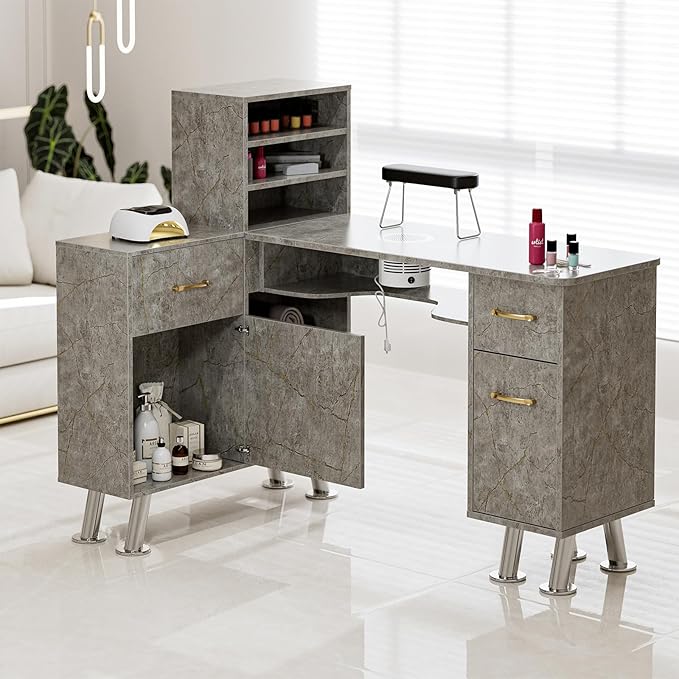 Manicure Table with Shelves, L-Shaped Nail Table Station Marbling Texture w/Electric Downdraft Vent, Foldable Nail Arm Rest, Storage Cabinets, Drawers, Metal Handles & Legs for Nail Tech(Grey)
