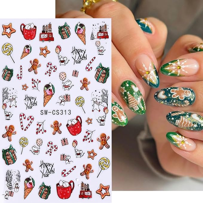 6Pcs Christmas Nail Stickers Gift Box Lollipop Christmas Berry Nail Decals DIY Self Adhesive Santa Claus Socks Cute Design Nail Decoration Supplies Holiday Manicure Accessories for Women Girls