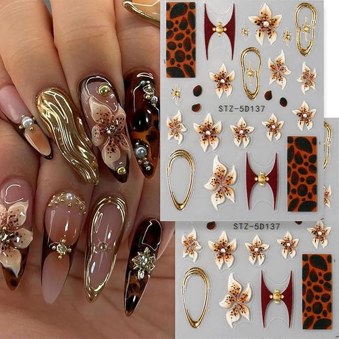 Fall Nail Stickers Flowers Nail Decals 5D Self-Adhesive Embossed Flower French Tip Design Nail Art Sticker Autumn Holiday Manicure DIY Acrylic Decoration for Women Party Nails