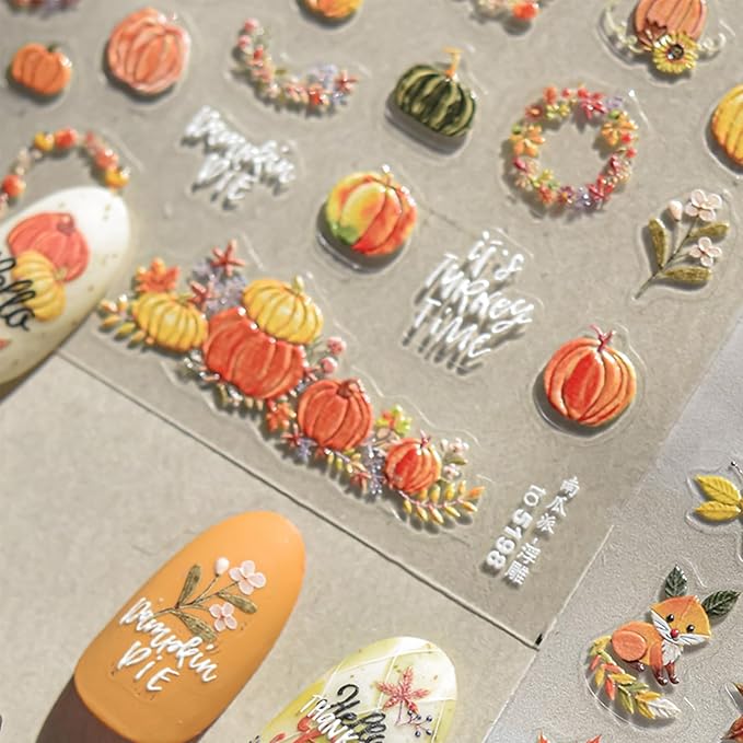 1 Sheet Fall Nail Stickers 5D Embossed Maple Leaves Nail Stickers for Nails Thanksgiving Day Pumpkin Nail Decals Fall Leaf Garland Nails Supplies Autumn Leaves Pumpkin Design Sticker for Women