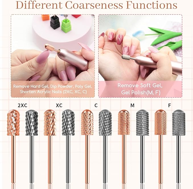 Nail Drill Bits, 2PCS Safety Bits for Nail Drill, Tungsten Carbide Bits, 3/32" Electric Drill Bits Set for Acrylic, Gel Nails, Large Barrel Fine Nail Bits for Salon Experienced