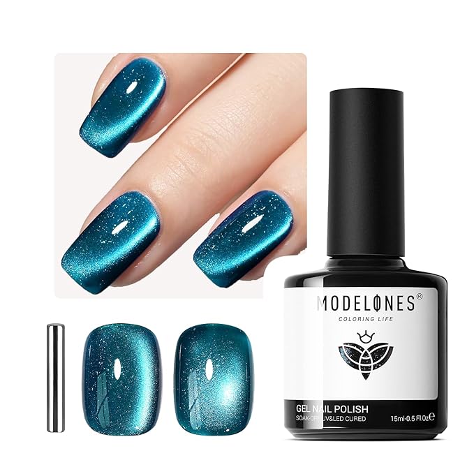 modelones Cat Eye Gel Nail Polish, 15ML Holographic 9D Glass Blue Cat Eye Glitter Multichrome Polish Peacock Blue Nail Polish with Magnet Soak Off Led Mani Top Coat Nail Art Gel DIY Salon Gift