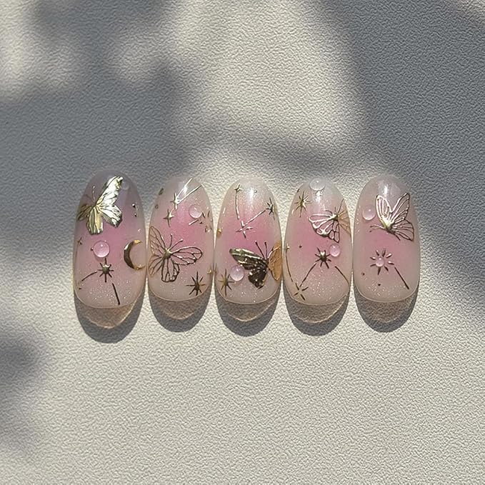 1 Sheets Golden Hot Stamping Butterflies Nail Art Stickers, 5D Self-Adhesive with Stars and Moon Nail Decals for Women, Gold Butterfly Design Spring Nail Stickers for DIY Nail Supplies Decoration