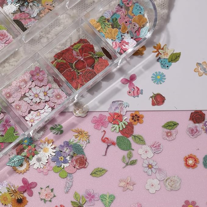 300Pcs 3D Flower Nail Art Charms Sequins Mixed Colorful Nail Flowers for Nail Art Leaves Butterfly Nail Design Slice Nail Flowers Ultra Wood Pulp Flakes Sequins 5