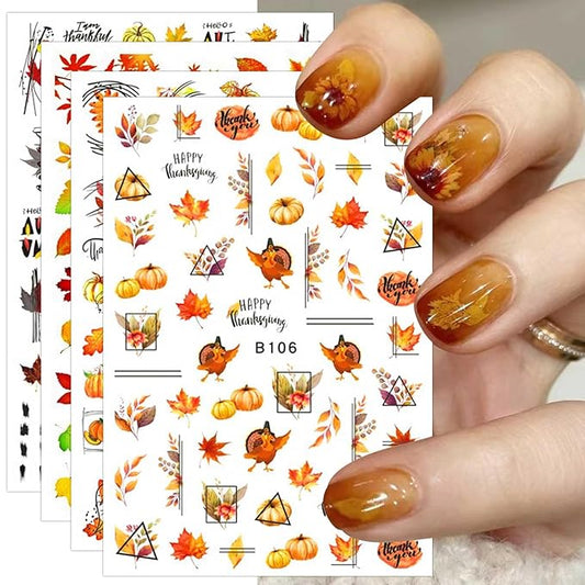 12 Sheets Fall Thanksgiving Maple Leaf Nail Art Stickers Decals Self Adhesive Pegatinas Uñas Autumn Pumpkin Leaves Design Manicure Tips Nail Decoration for Women Girls