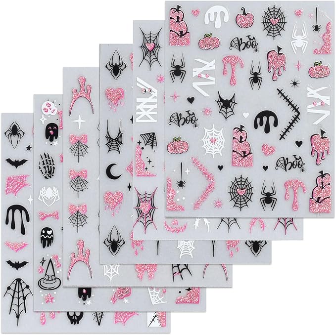 6 Sheets Halloween Nails Stickers Cute Mummy Pumpkin Nails Art Stickers 3D Self-Adhesive Supplies Nail Decal with French Tip Glitter Spider Web Design Nail Sticker for Nail Art Women's DIY Decoration