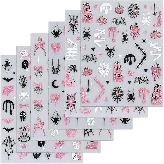 6 Sheets Halloween Nails Stickers Cute Mummy Pumpkin Nails Art Stickers 3D Self-Adhesive Supplies Nail Decal with French Tip Glitter Spider Web Design Nail Sticker for Nail Art Women's DIY Decoration