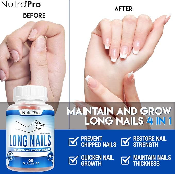 NutraPro Nail Growth Vitamins for Stronger Nail - No More Chipped Nails.Nail Strengthener and Growth Supplement Gummies – Grow Strong Long Nails with Biotin and Collagen Gummies.