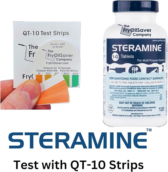 1 Bottle Steramine Sanitizer Tablets w/15x QT-10 Test Strips - Multi Purpose Steramine Sanitizing Tablets for Food Contact Surface, Kitchen, Restaurant, Food Service by FryOilSaver (150 Count)