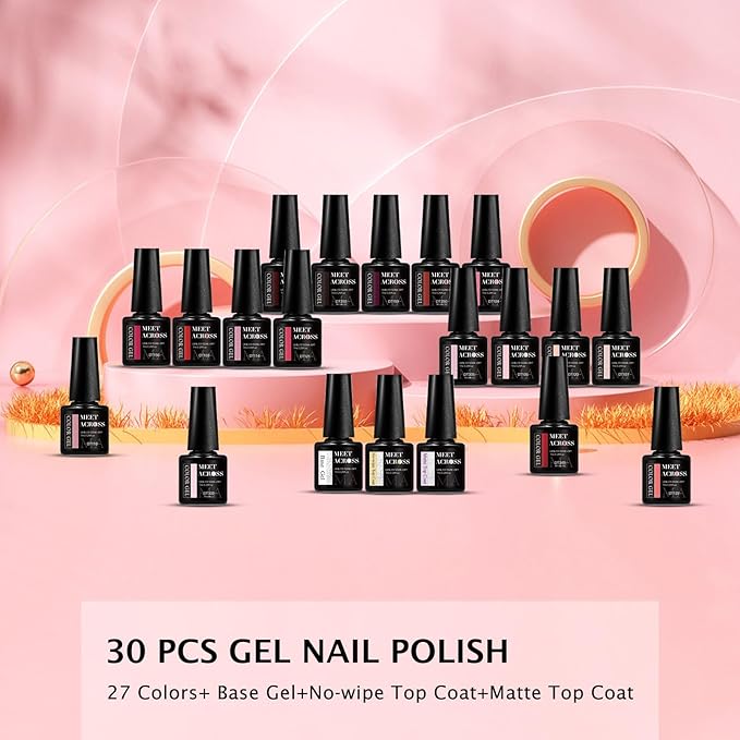 MEET ACROSS Gel Nail Polish Set,Gel Nail Kit Art Design Soak Off UV LED,Nail Art Design Gifts for Women (Set-7, 30PCS)