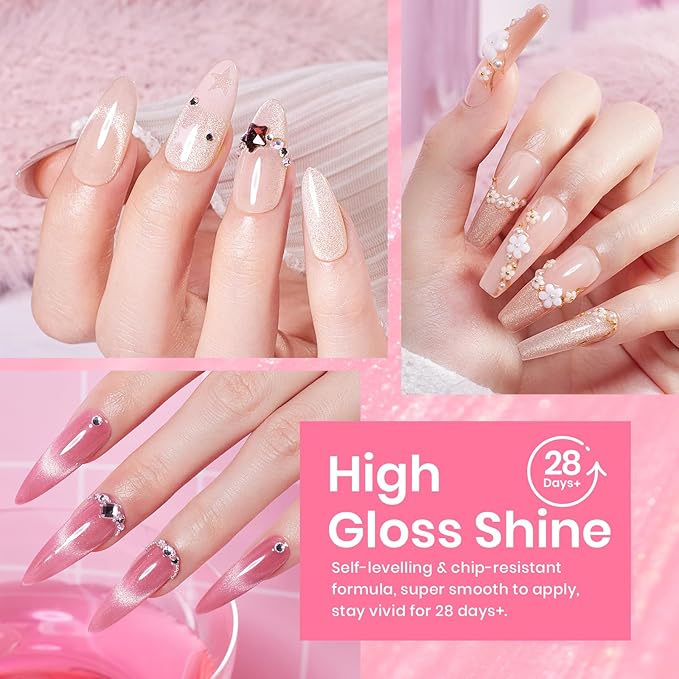 Beetles Pink Cat Eye Gel Nail Polish Set - 6 Colors Nude Pink Silver Cat Eye Glitter Gel Polish Kit with Magnet Soak Off UV Fall Winter Velvet Gel French Nail Art Design Manicure Gift for Women