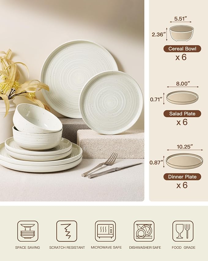Stoneware Dinnerware Sets for 6, Plates and Bowls, Cream | 18-Piece Ceramic - Image 7