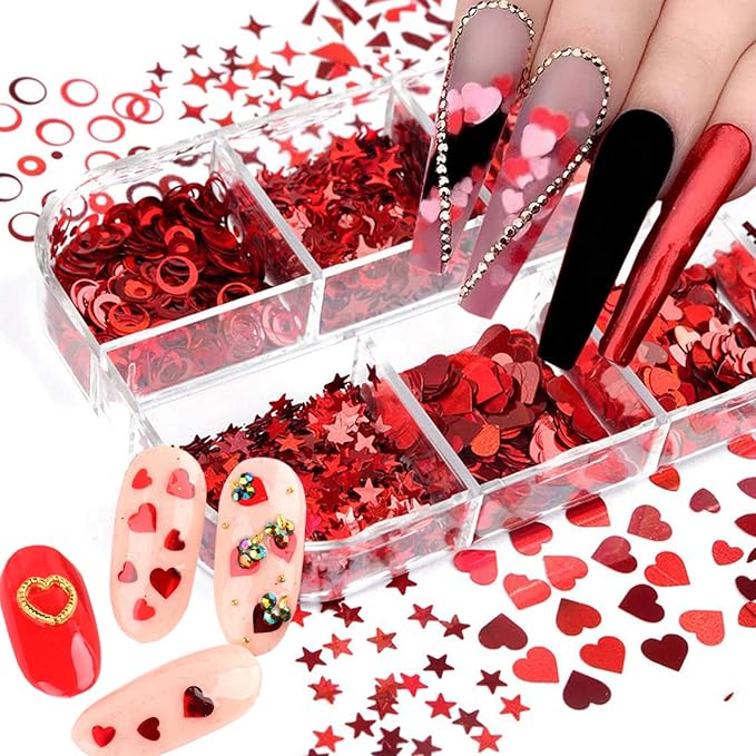 Laser Red Glitter Nail Art Sequins, Holographic 3D Glitters Flakes Decor, Love Heart Letters Butterfly Flowers Stars Circle Nail Art Designs for Women Manicure Charms Decorations False Nails Supplies