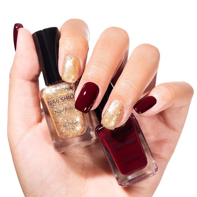 Deep Red Wine Nail Polish Set, Fast Air Dry Fall Winter Nail Polish Duo, Opaque Dark Red, Non-Gel, Crème, Toxic-free Long Lasting Glossy Nails Art for Home DIY Manicure Gift