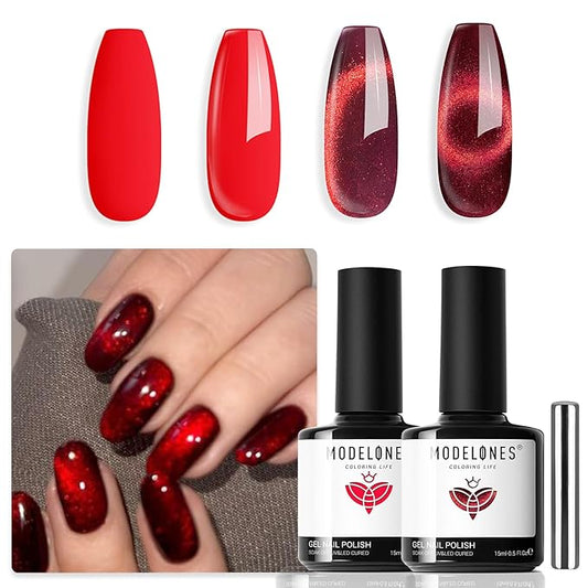 modelones Red Cat Eye Gel Nail Polish Set, 2PCS 15 ML Magnetic Glitter Holographic Red Ruby Glass Polish Reflective Jelly Translucent UV Gel Manicure Art DIY Salon Christmas Gift for Girl Women