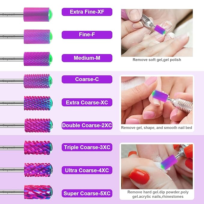 3/32" 2PCS Large Barrel Smooth Round Top Tungsten Carbide Nail Drill Bit Safety Bit for Gel & Acrylic Removal, 2-Way Rotating Efile Tip, Salon Electric File Accessory (F Grit, Purple)