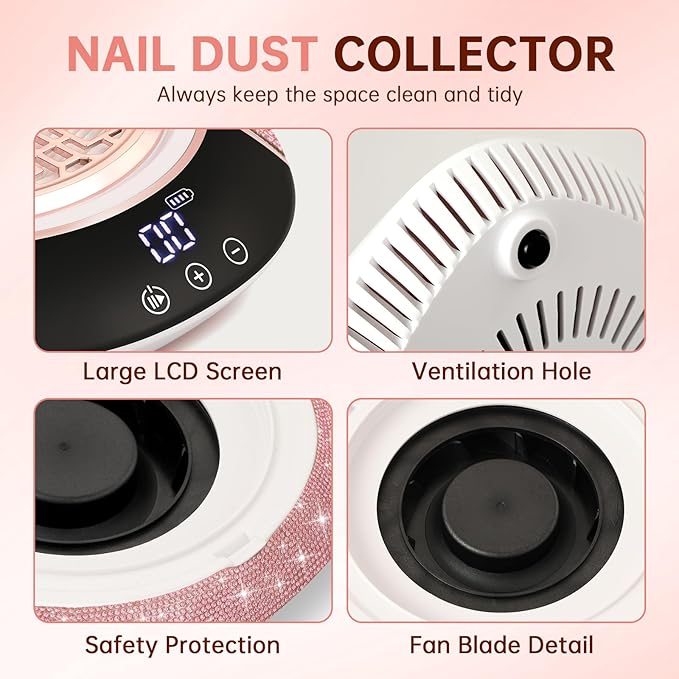 Cordless Nail Dust Collector,Portable Dust Collector Nail Tech with LED Display,Rechargeable Dust Suction Machine with Reusable Fillter for Acrylic Gel Polish,Salon & Home