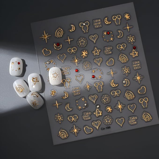 Gold Nail Art Stickers Bow Star Nail Stickers 5D Self-Adhesive Nail Decals with Rhinestones Design Gold Heart Moon Nail Supplies Decoration Accessories for Women and Girls