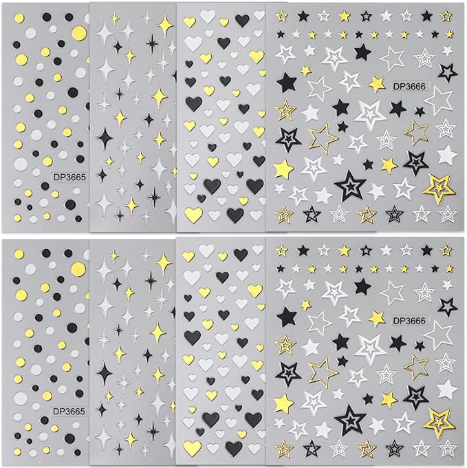 Nail Stickers for Nail Art - Gold, Silver, Black Star Heart Decals, 3D Self-Adhesive Five-Pointed Star Nail Art Supplies for Women DIY Acrylic Manicure Decoration - 6 Sheets
