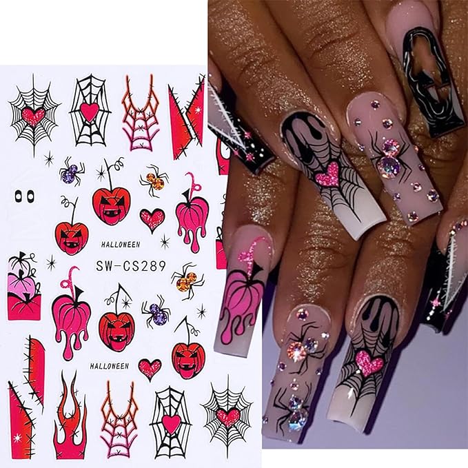 6 Sheets Halloween Nail Art Stickers Decals 3D Self-Adhesive Cartoon Bat Spider Web Skull Nail Stickers French Flame Spider Web Heart Nail Decals Supplies for Women DIY Holiday Manicure Decorations
