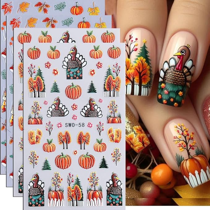 3D Fall Nail Stickers for Nail Art Thanksgiving Pumpkin Nail Art Stickers Maple Leaf Tree Nail Decals Autumn DIY Self Adhesive Nail Design Supplies Nail Decoration for Women Manicure Accessories 4Pcs