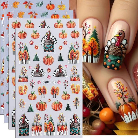 3D Fall Nail Stickers for Nail Art Thanksgiving Pumpkin Nail Art Stickers Maple Leaf Tree Nail Decals Autumn DIY Self Adhesive Nail Design Supplies Nail Decoration for Women Manicure Accessories 4Pcs
