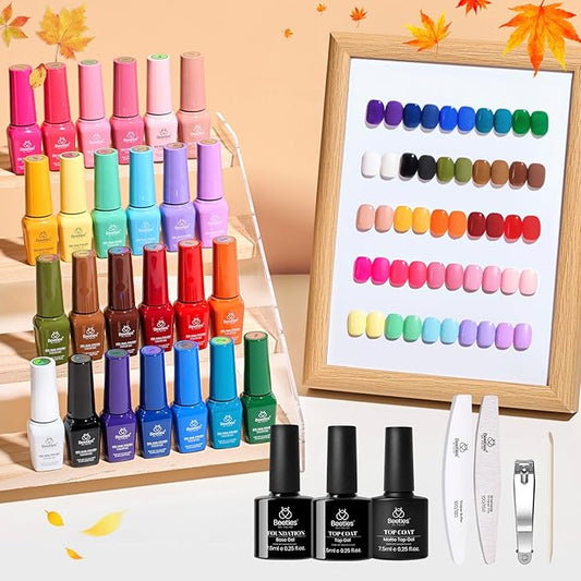 Beetles Gel Nail Polish Seasons Impressions Collection - 25 Colors Uv Gel Nail Kit Brown Burgundy Black White Red Pink Nude Green Purple Blue Glossy Matte Glitter Top Base Coat Gifts for Women