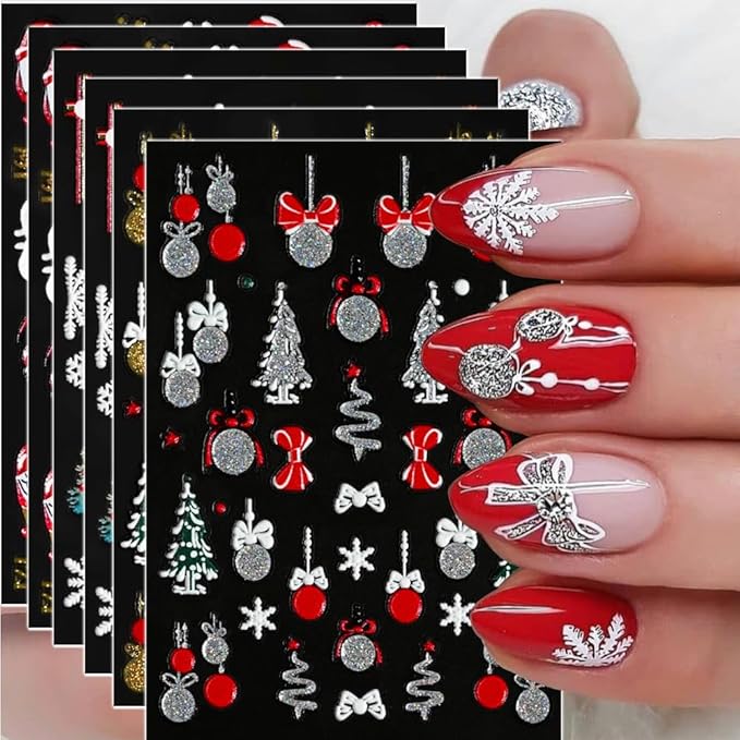 6Pcs Christmas Nail Stickers 5D Golden Silver Nail Decals DIY Self Adhesive Snowflake Tree Red Bow Design Nail Decoration Winter Nail Art Stickers Supplies Holiday Manicure Accessories for Women