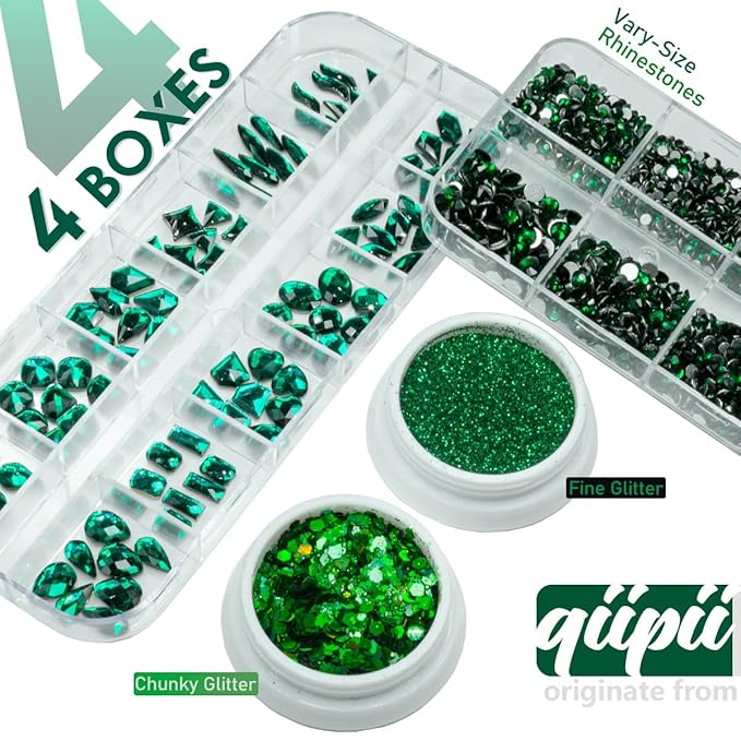 4 Boxes Emerald Green Rhinestones Glitters 24 Shapes K9 Glass Gems Stones Flatback Round Diamonds Crystals Nail Art Charms Supplies for Nails Faces Eyes Makeup Body DIY Crafts Tumblers Bottles