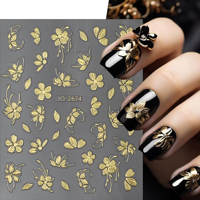6Sheets Flower Nail Art Stickers 3D Bronzing Floral Leaf Nail Decals Self Adhesive Metallic Rose Gold Silver Flowers Design Nail Supplies Spring Nail Stickers Decoration for Acrylic Nails DIY