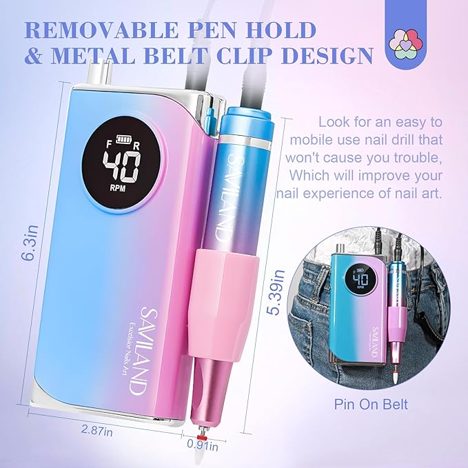 SAVILAND Electric Nail Drill: 40000RPM Nail Drill Professional with 56 Sanding Bands 12 Bits Sets, Rechargeable Nail File Ultra Power Machine for Acrylic Nails Gel Polishing Removing, Salon Home