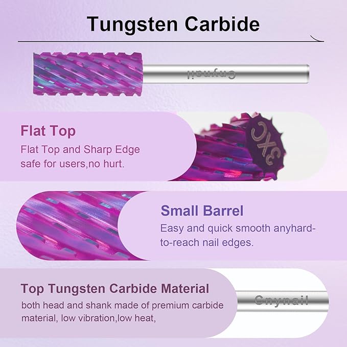 3/32" Small 5.35MM Barrel Bit Tungsten Carbide Nail Drill Bit Safety Bit for Gel & Acrylic Removal, 2- Way Rotating Efile Tip, Salon Electric File Accessory (3XC Girt, Purple)