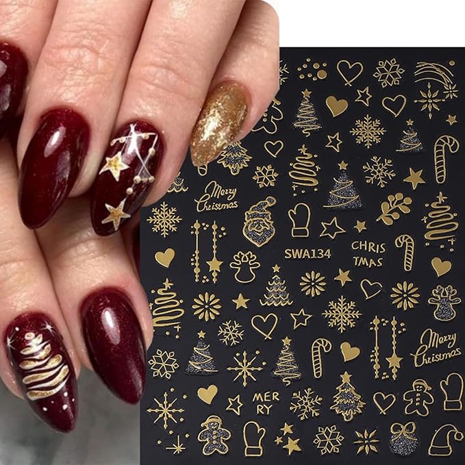 Christmas Nail Art Stickers Decals 6PCS Gold Silver Snowman Snowflake Nail Decals 3D Self-Adhesive Winter Nail Stickers Christmas Tree Santa Claus Elk Holly Christmas Nails Designs Xmas Nails Supplies