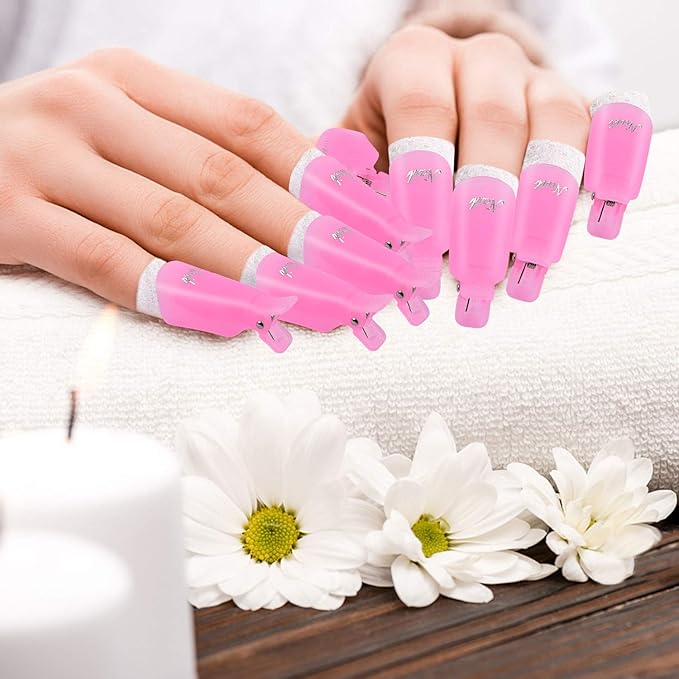 MORGLES Nail Polish Remover Clips, Gel Polish Remover Kit with 10 Pcs Nail Clips, 300 Pcs Cotton Pads, 100/180 File, Glass Shiner, Cuticle Pusher and Brush-Pink