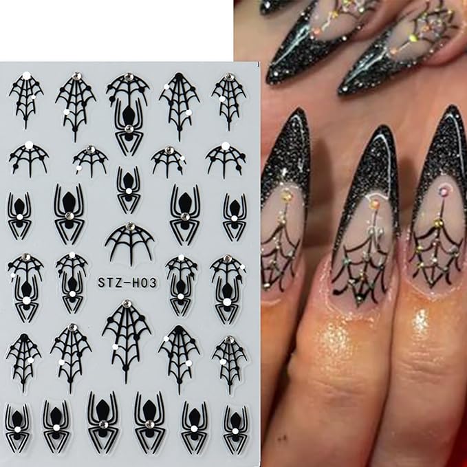 4 Sheets Halloween Nail Stickers for Nail Art, Spider Nail Decals Self Adhesive Black Nail Art Stickers Spider Web Nail Decorations with Rhinestone Halloween Manicure Supplies for Women and Girls