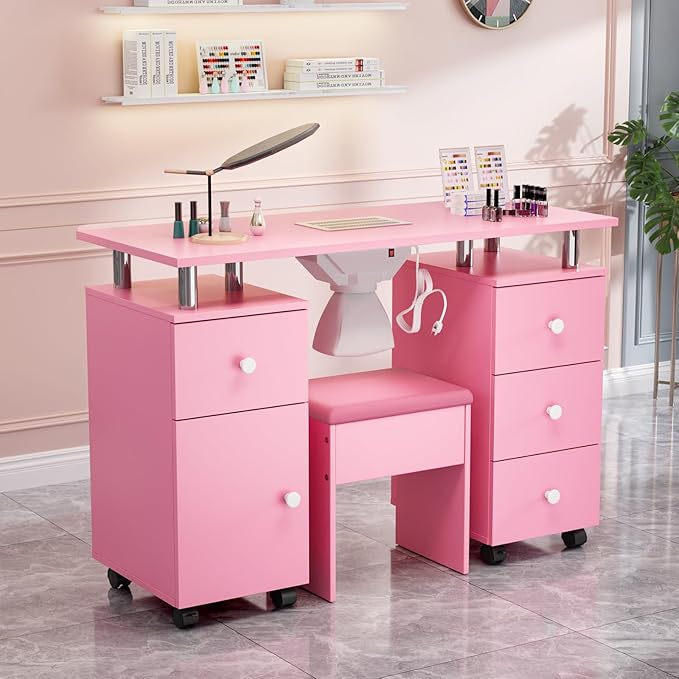 OmySalon Nail Desk and Chair Set, Manicure Table with Dust Collector, Arm Rest, 8 Wheels, Acetone Resistant Desktop, Drawers & Cabinet Storage for Makeup Beauty Salon (Pink)