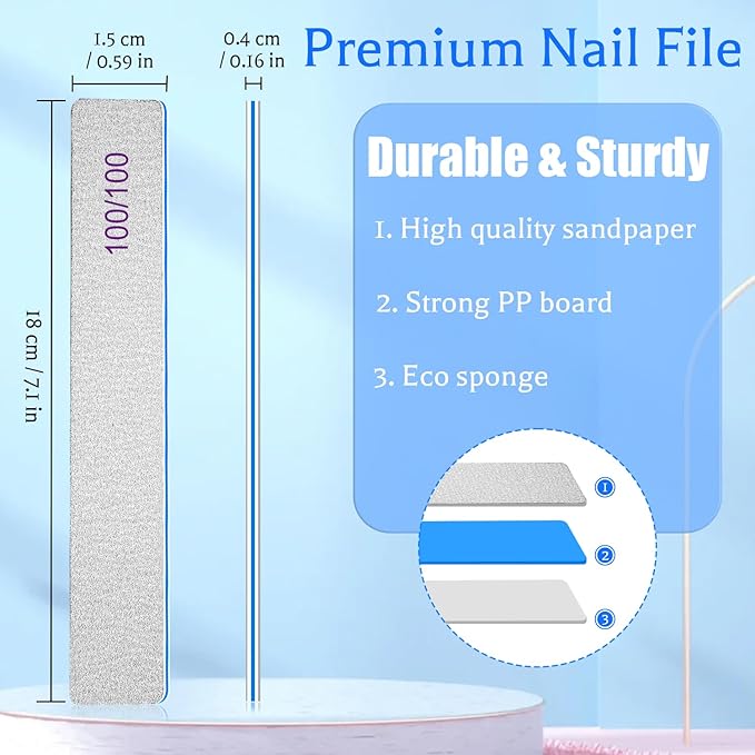 BLESWIN 25PCS Nail File Professional, 100/100 Grit Nail Files Reusable for Acrylic Nail, Double Sided Nail File for Fake Nail, Suitable for Nail Tech or Pet
