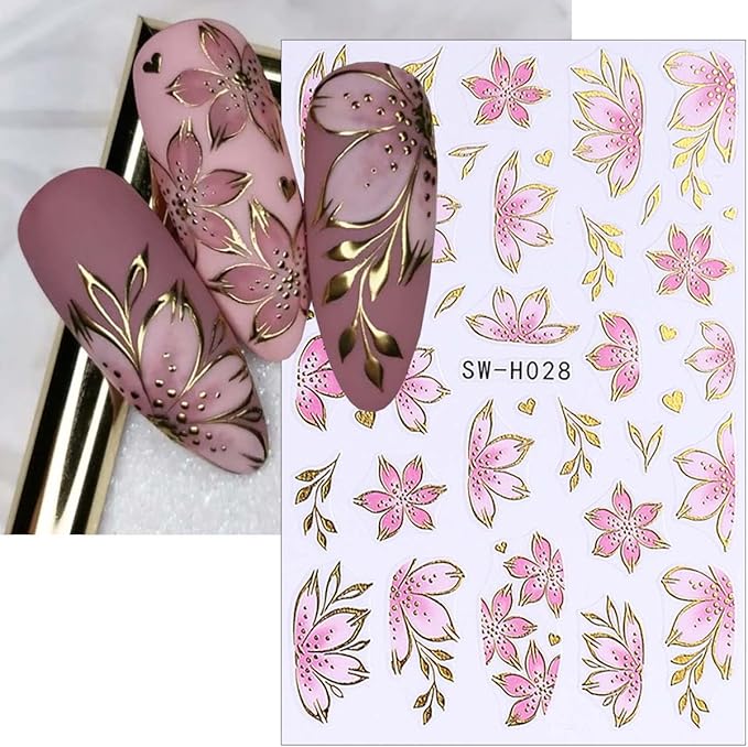 6Pcs Cherry Blossom Nail Art Sticker Decals Gold French Line Design Floral Stickers Flower Nail Stickers Peach Blossom Nails Decals Cute Manicure Decoration for Women DIY Spring Nails Supplies Charms