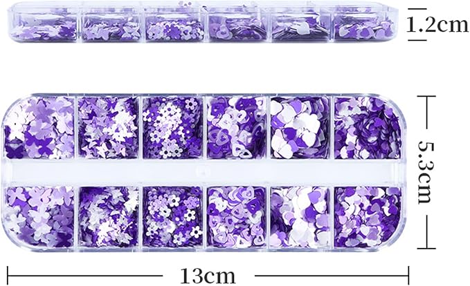Holographic Purple Glitter Nail Art Sequins, 3D Glitters Flakes Nail Art Design, Love Heart Flowers Butterflies Acrylic Nails Supplies Accessories False Fingernails Manicure Charms Decorations Set