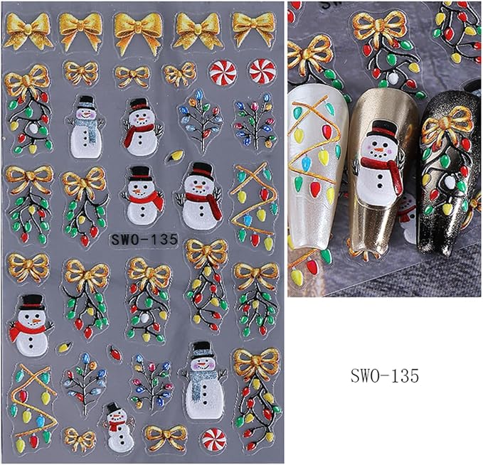 Christmas Nail Art Stickers Color Light Nail Decals with Christmas Tree Santa Claus Snowman Design 3D Self-Adhesive Gold Bow Nail Stickers Acrylic Nail Supplies for Women DIY Xmas Decor 2 Sheets
