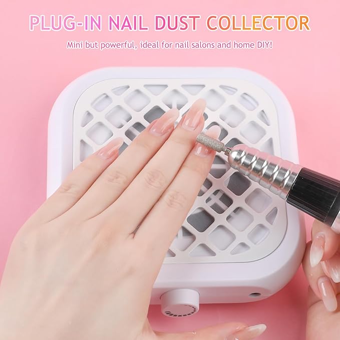 Mini Nail Dust Collector, Compact Nail Vacuum Fan Dust Collector for Beginner with 30PCS Filter Pads, Powerful Dust Suction Machine for Acrylic Nail Polishing Salon Home, Plug-in(White)