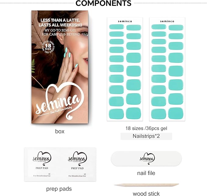 Semi Cured Gel Nail Art Wraps-Salon Look Easy Peel Press On Nails,Semi Gel Natural Look, Easy Apply & Remove,Strong Hold Fake Nails,Works with Any UV/LED Lamps(Greenish Blue)