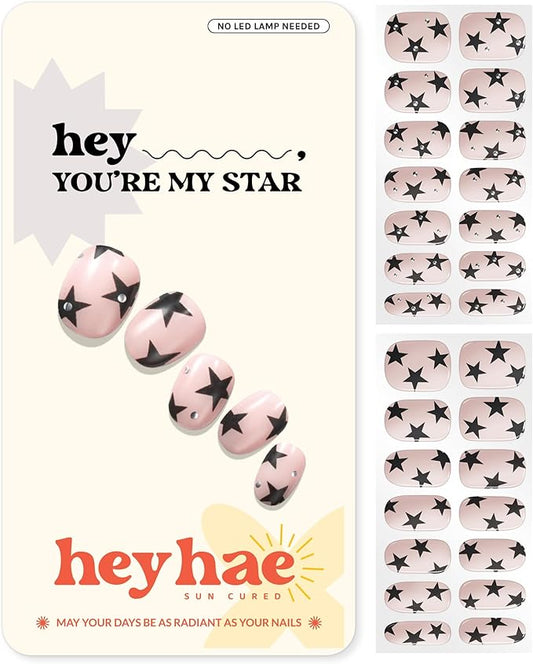 Heyhae Semi Cured Gel Nail Strips | No LED Lamp Needed | Glitter, Pink, Spring | Easy Apply & Remove, Salon Quality | Includes 28 Strips, 1 Prep Pads, Nail File & Wooden Stick - Hey, You’re My Star