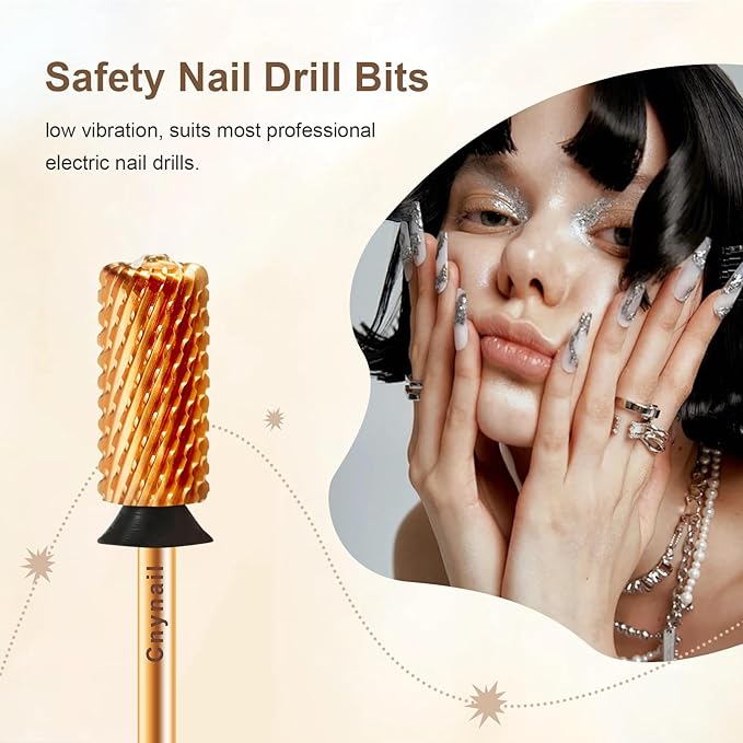 3/32" Large Barrel Crystal Top Tungsten Carbide Nail Drill Bit Safety Bit for Gel & Acrylic Removal, 2-Way Rotating Efile Tip, Salon Electric File Accessory (XC Grit, Ti-Gold)
