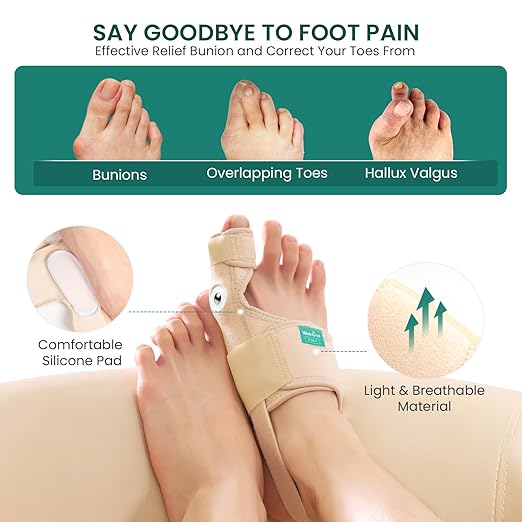 Welnove Bunion Corrector - Orthopedic Bunion Splint - Big Toe Separator Pain Relief - Bunion Correction Toe Straightener with Non-slip Strap, Day Night Support (Beige, 2 Count) - With 2 Gel Separators