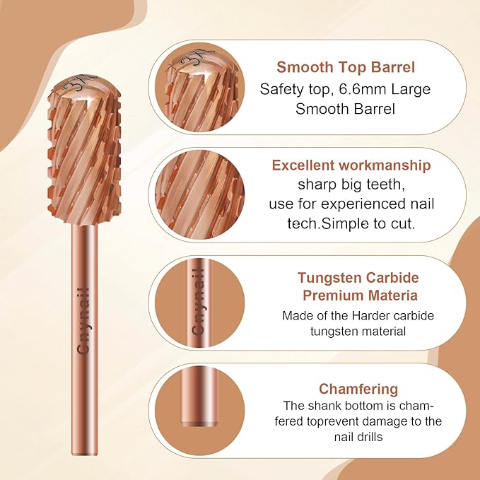 3/32" Large Barrel Smooth Round Top Tungsten Carbide Nail Drill Bit Safety Bit for Gel & Acrylic Removal, 2-Way Rotating Efile Tip, Salon Electric File Accessory (3XC Grit, Rose Gold)