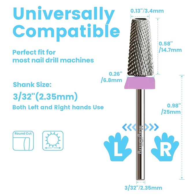 Cross Cut 5 in 1 Tapered Barrel Nail Drill Bits, Professional 3/32'' Safety Tungsten Carbide Bits, Two-way Rotation, Manicure Pedicure Cuticle Gel Removal Polishing, Double Fine.